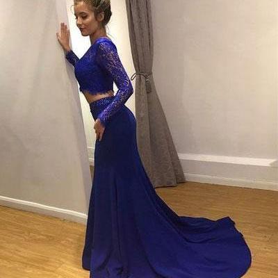 Sexy Two Piece Royal Blue Prom Dresses With Long Sleeves On Luulla