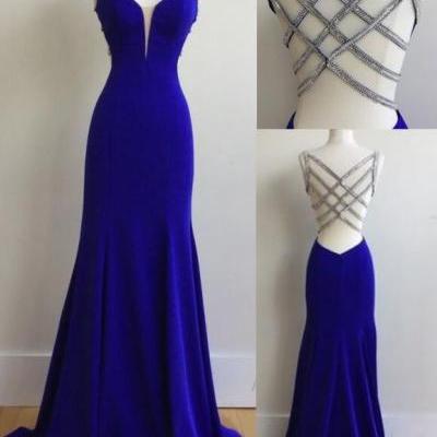 Elegant Criss Cross Back Royal Blue Long Prom Dress Evening Dress for Women