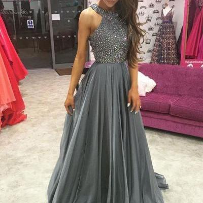 Sexy Halter Chiffon Long Prom Dresses Evening Dress Party Gowns with Beaded for Women