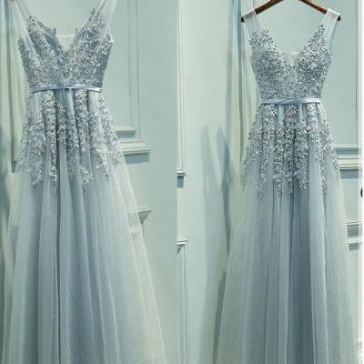Elegant Tulle V Neck Baby Blue Long Prom Dresses Evening Dresses with Appliques