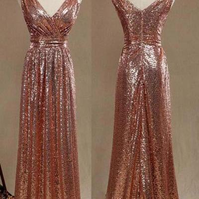 Sparkly V Neck Rose Gold Long Bridesmaid Dresses for Wedding Party