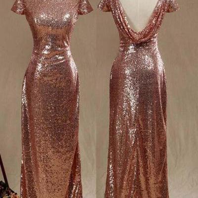 Cap Sleeves Sequined Sheath Long Bridesmaid Dresses for Wedding Party