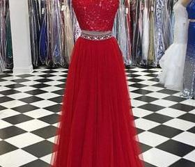 Sexy Two Piece Red Long Prom Dresses With Lace Appliques on Luulla