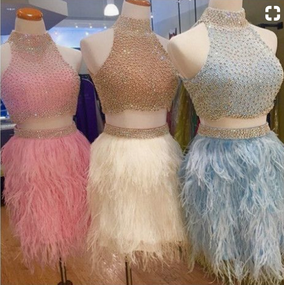 Hot Sell Sexy Two Piece Beaded Feather Homecoming Dresses Cocktail Dresses Party Gown Dresses
