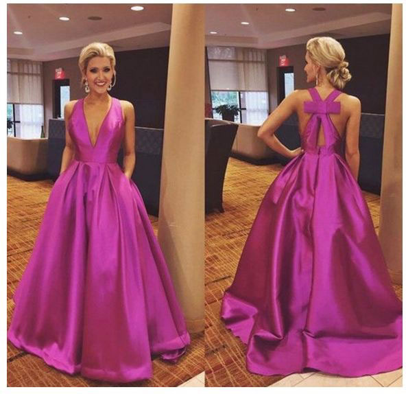 Elegant Long Fuchsia V Neck Prom Dress Formal Dress With Bowknot For