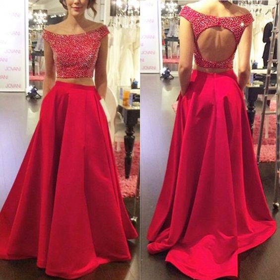 Sparkly Sexy Two Piece Long Prom Dresses With Beaded For Women on Luulla