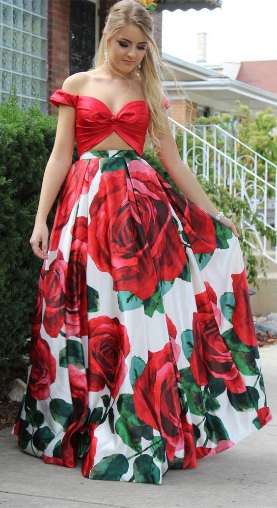 Rose print store prom dress