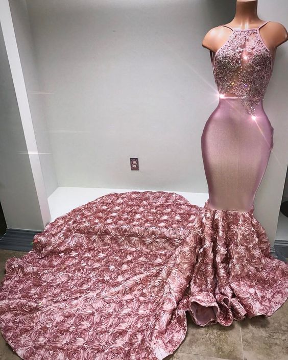 Luxurious Light Fuchsia Mermaid Long Prom Dresses Evening Dresses for women with 3D Flowers Appliques 