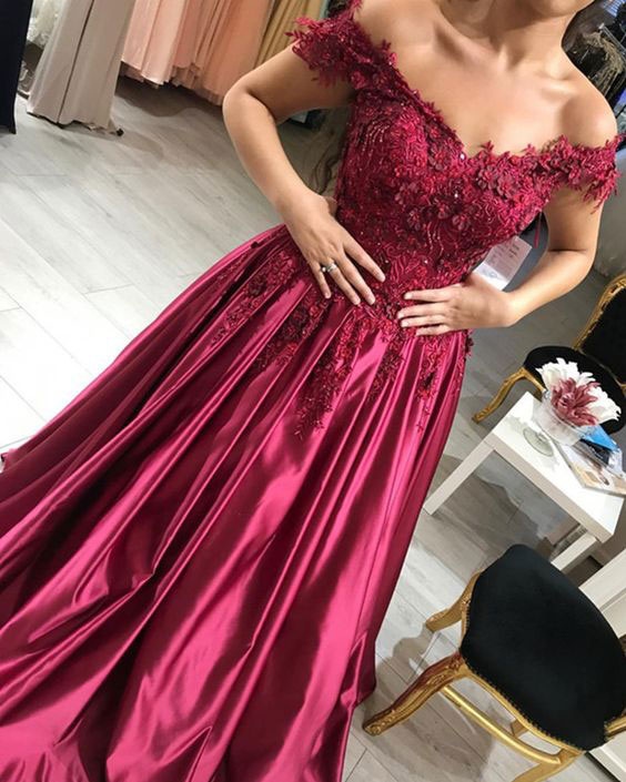 Off The Shoulder Burgundy Long Prom Dresses With Appliques on Luulla