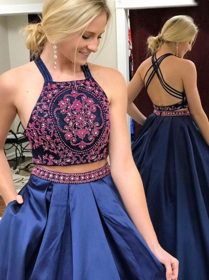 Sexy 2 Piece Criss Cross Navy Blue Long Prom Dresses with Beaded Appliques