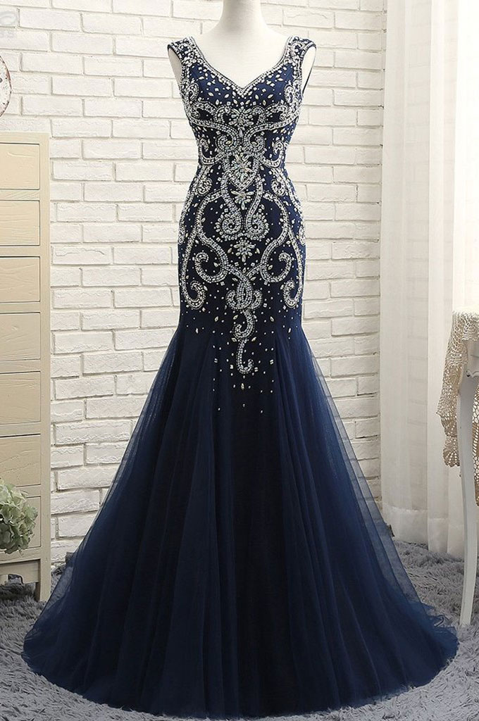Navy Blue Mermaid Backelss Prom Dresses Evening Dress With Rhinestone For Women On Luulla 1061