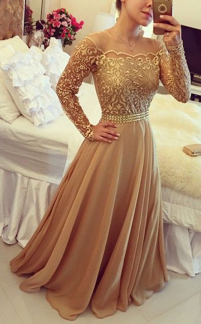 Elegant Long Sleeves Gold Prom Dresses ...