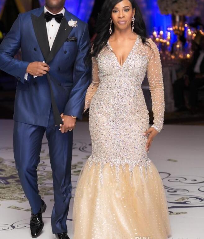 V-neck Long Mermaid Rhinestone Beaded Luxury Prom Dresses, PD0955
