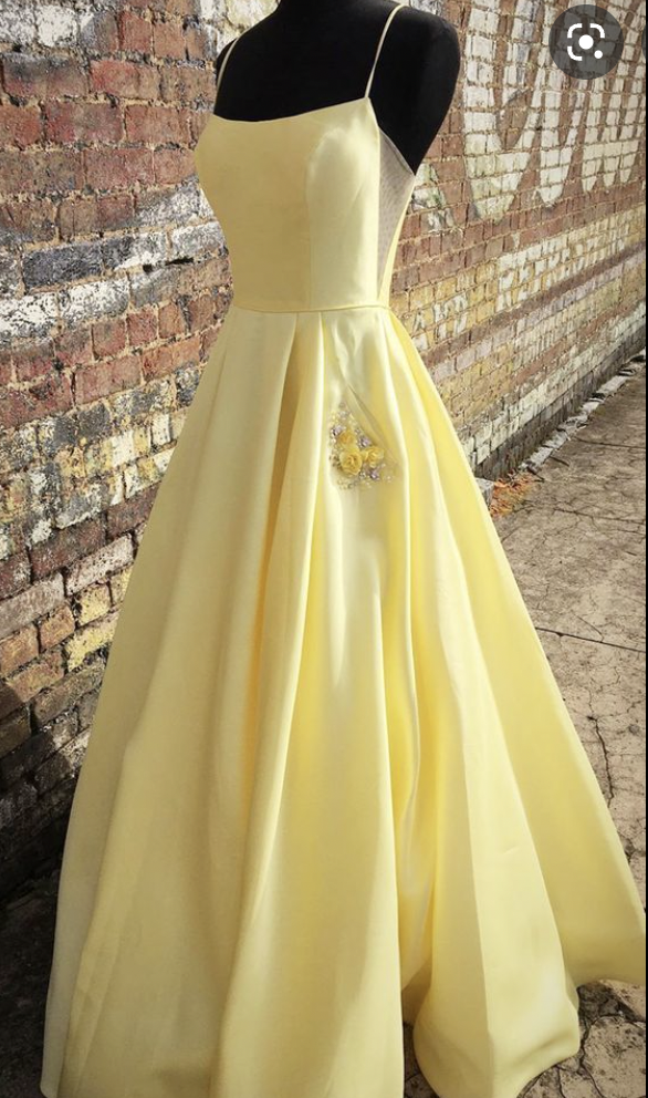 Spaghetti Straps Yellow Prom Dresses with Pockets