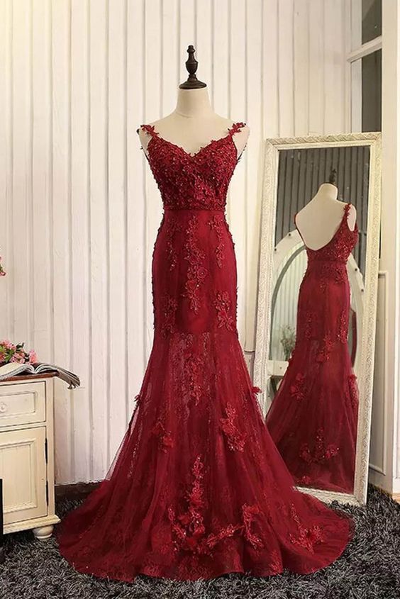 Elegant Dark Red Mermaid Backless Long Prom Dress With Appliques On Luulla