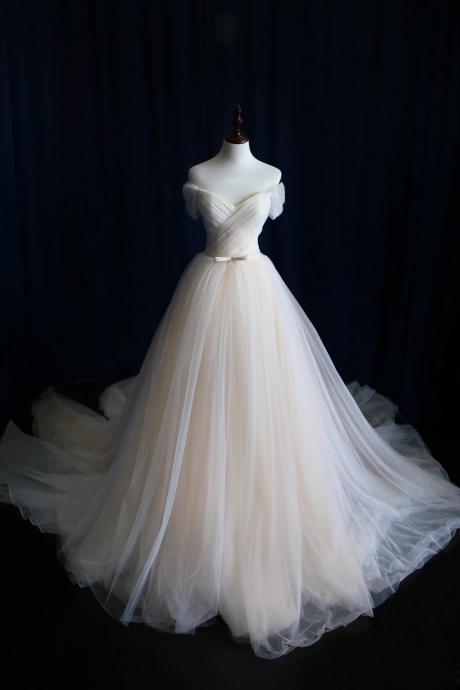 Romantic Off The Shoulder Long Wedding Dresses Party Dresses , Bridal Gowns, Tulle Bridal Dress,Pleat Bridal Dresses,Customized Made Wedding Dress