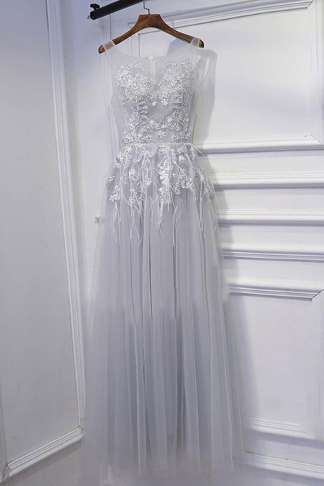 Elegant Light Grey Tulle Long Prom Dresses with Appliques Fur for Women, Evening Dresses, Party Dresses