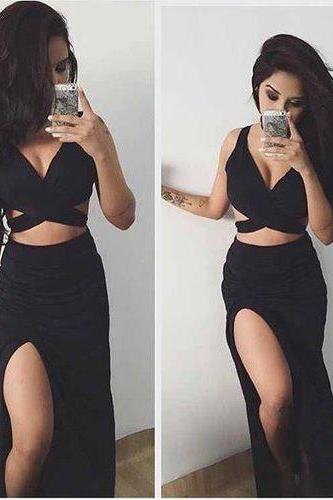 Sexy Two Piece Black Long Prom Dresses for Women Homecoming Dresses with Split Side