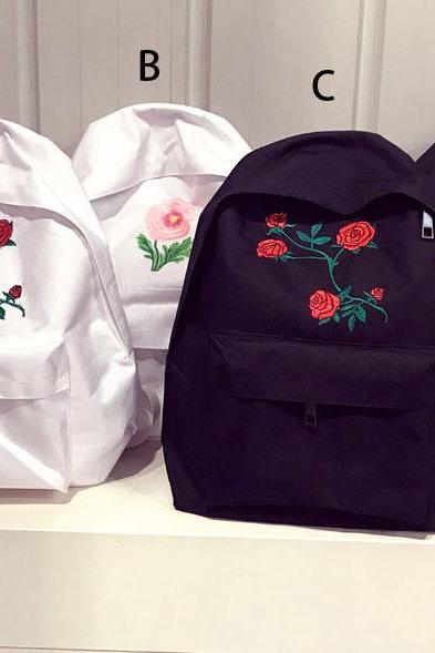 Vinatge Rose Embroidered Backpack Back to School Bag 