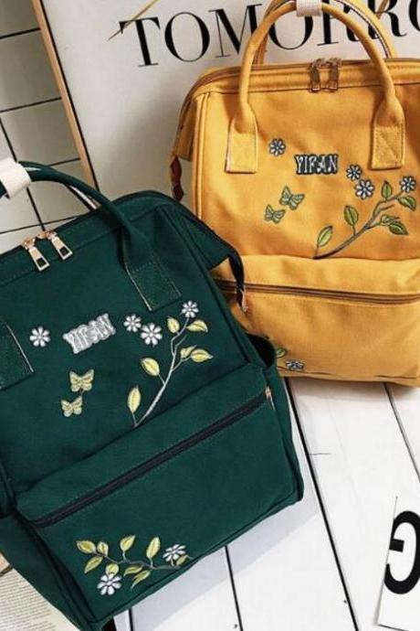 Vintage Flower Embroidered Backpack Bag all-match College Junior High School Students