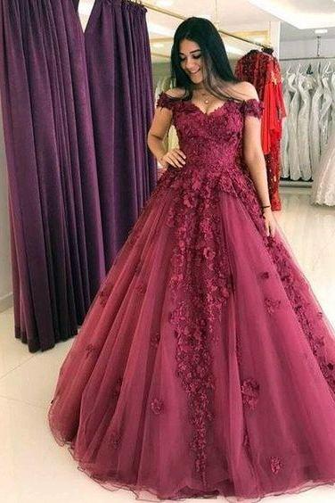Off the Shoulder Tulle Burgundy Long Prom Dresses Evening Dresses with Appliques 