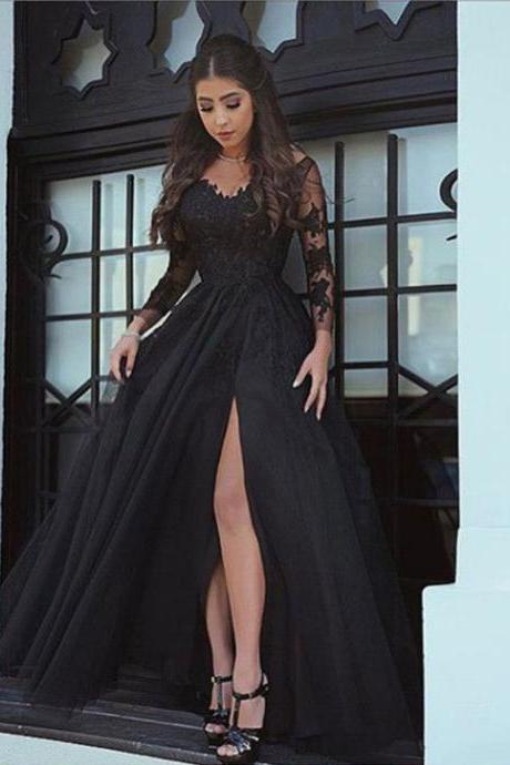 Sexy Long Black Prom Dresses with Long Sleeves Appliques for Women