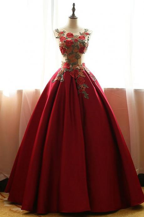 Charming Sheer Neck Dark Red Empire Prom Dresses Evening Gowns with Flowers