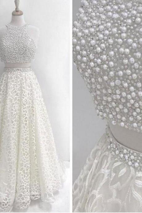 Sexy Two Piece White Prom Dresses with Pearls
