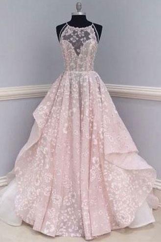 Halter Sheer Lace A-line Floor-length Evening Dress, Prom Dress 