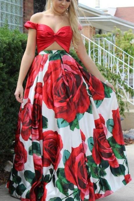 Sexy Two Piece Rose Print Floral Long Prom Dresses