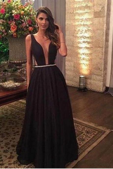 Elegant Black Deep V Neck Cut Low Long Prom Dresses Evening Dresses