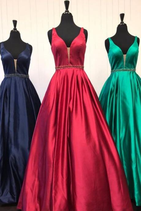 Elegant Burgundy/Navy Blue/Green Floor Length Deep V Neck Prom Dresses with Beaded