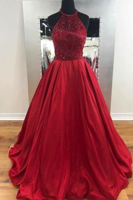 Elegant Red Halter Long Beaded Prom Dresses for Women with Pockets