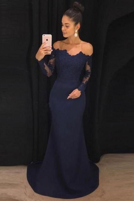 Hot Selling Mermaid Navy Blue Long Prom Dresses with Appliques 