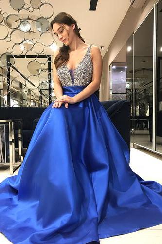Sparkly Deep V Neck Royal Blue Prom Dresses with Beaded 