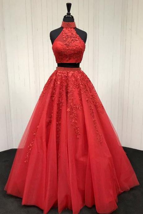 Sexy Red Two Piece Prom Dresses Evening Dresses with Appliques
