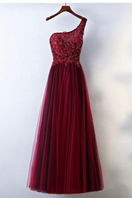 Elegant One Shoulder Dark Red Long Prom Dresses