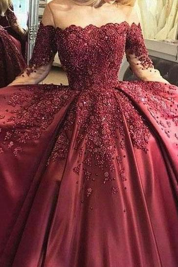 Sheer Neck Long Sleeves Dark Red Prom Dress Birthday Dresses Evening Gowns