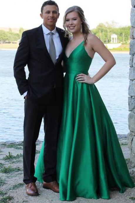 Simple Spaghetti Straps Long Green Prom Dresses Evening Gowns