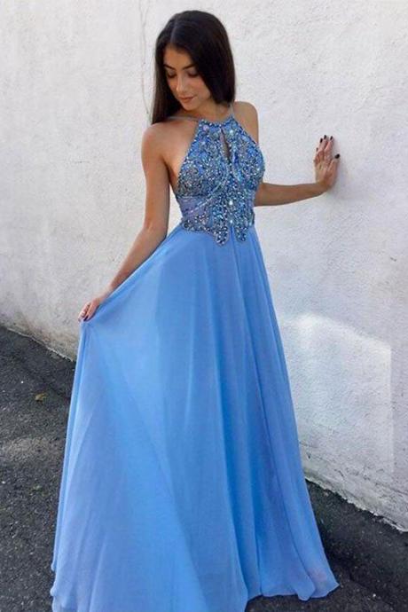 Sexy Halter Sky Blue Floor Length Prom Dresses Evening Dress with Beaded