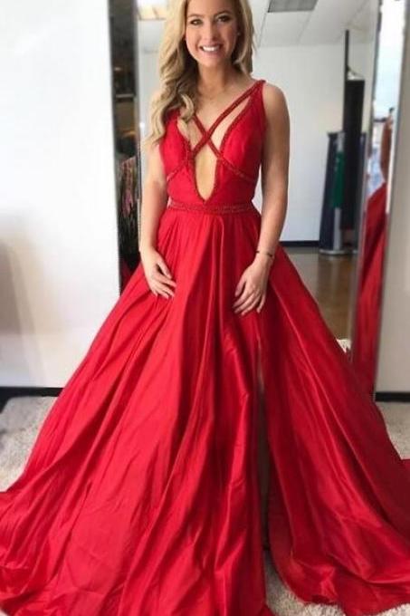 Sexy Deep V Neck Red Split Side Prom Dress Evening Dresses for Women
