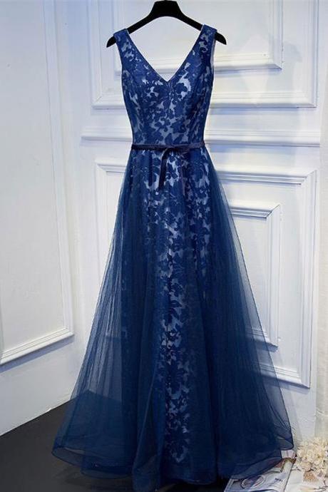 Hot Selling Royal Blue V Neck Tulle Lace A-Line Prom Dresses with Sash