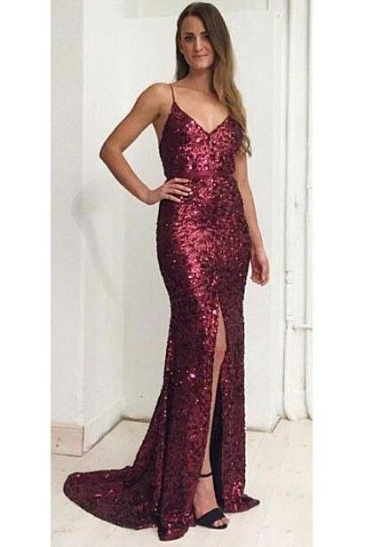Sexy Spaghetti Straps Sequined Burgundy Split Side Prom Dresses Evening Dresses with Sash