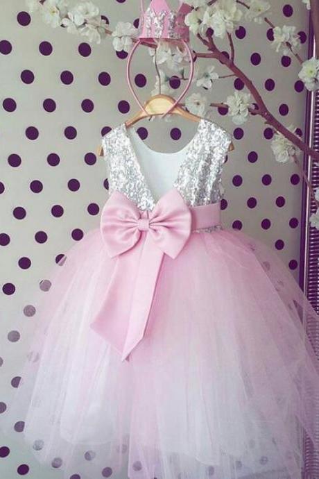 Cute Pink Silver Sequined Flower Girl Dresses for Kids 