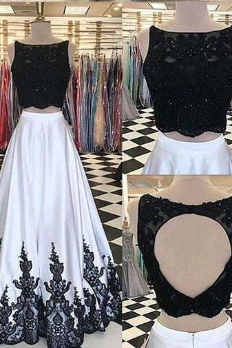 Sexy Two Piece Black Prom Dresses Evening Dresses with Appliques