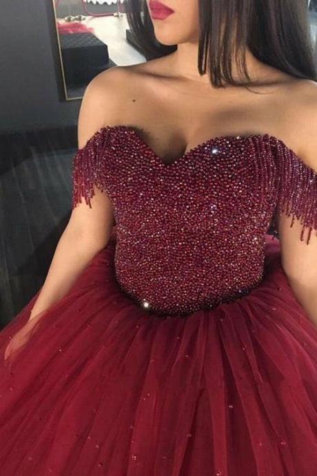 Elegant Burgundy Ball Gowns Tulle Prom Dresses Birthday Dresses Evening Dress with Beaded