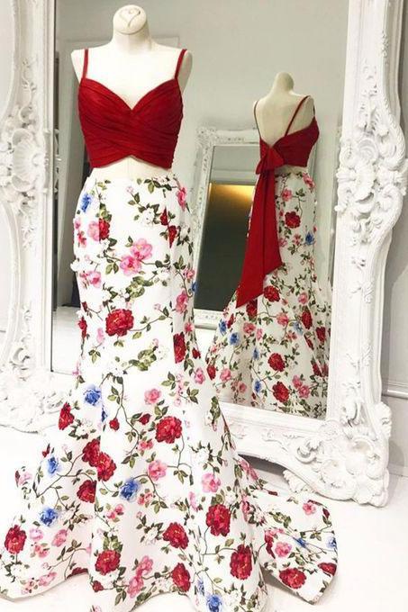 Sexy Two Piece Floral Mermaid Prom Dresses for Women Print Prom Gown