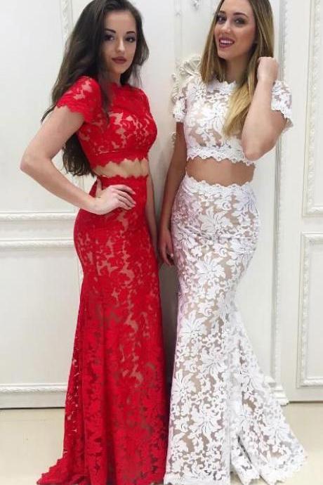 Sexy Mermaid Red/Ivory Lace Cap Sleeves Prom Dresses Long Evening Gowns