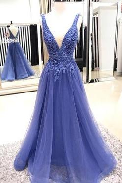 Charming V Neck Long Prom Dresses Evening Dress with Appliques for Women