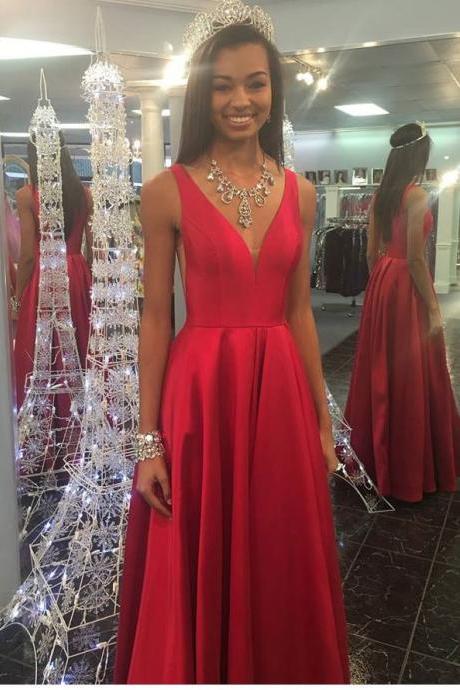 Elegant V Neck Red Long Prom Dresses Evening Dresses Birthday Dresses
